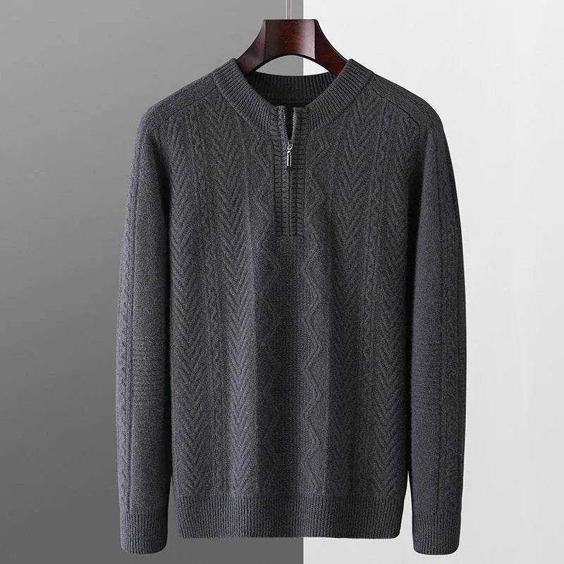 Men's pure wool diamond lattice pattern half-zip sweater in light camel colour