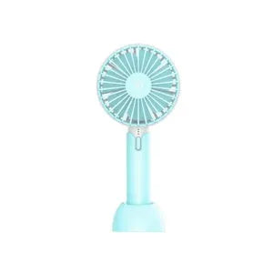 Blue mini handheld USB electric fan with three-speed control on a desk