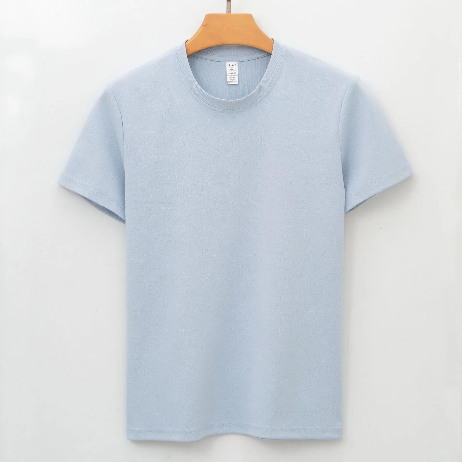Men's beige short-sleeve antibacterial quick-dry T-shirt laid flat.
