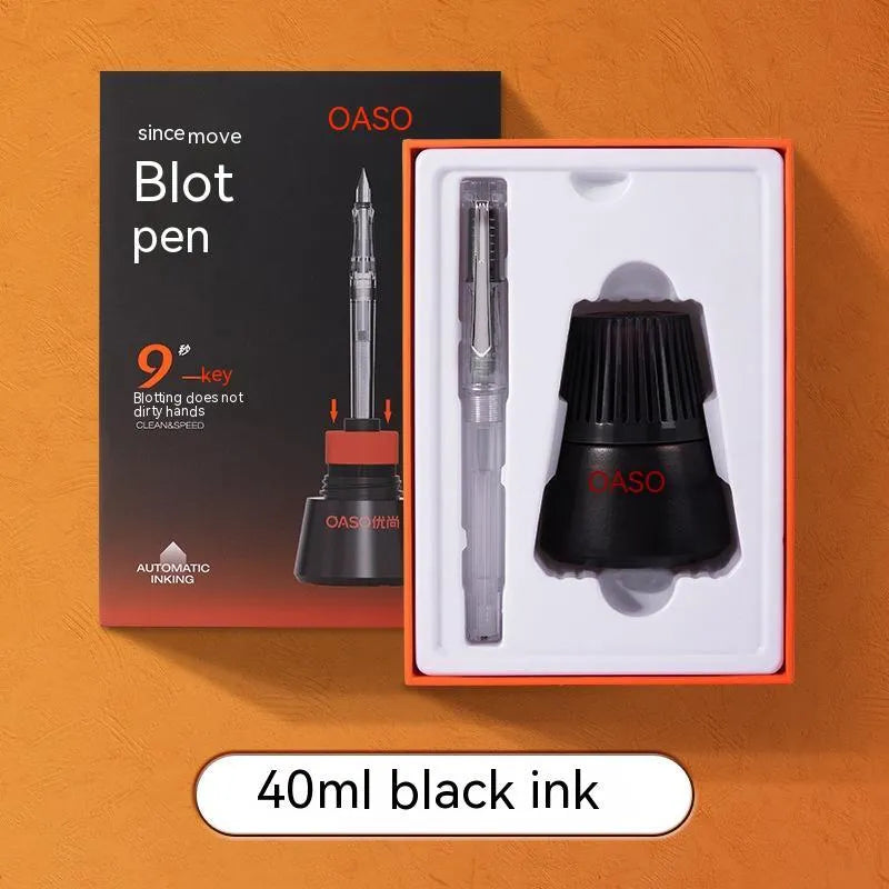 Automatic suction pen set with plastic shell, two nib sizes, ink feeder and handbag