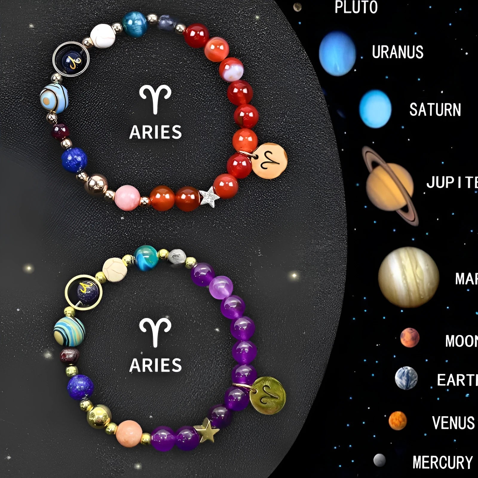 Two natural stone beaded bracelets with zodiac charms on a stretch elastic cord