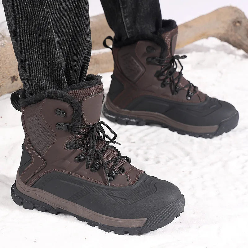 Men's black high-top winter boots with fleece lining and lace-up front.