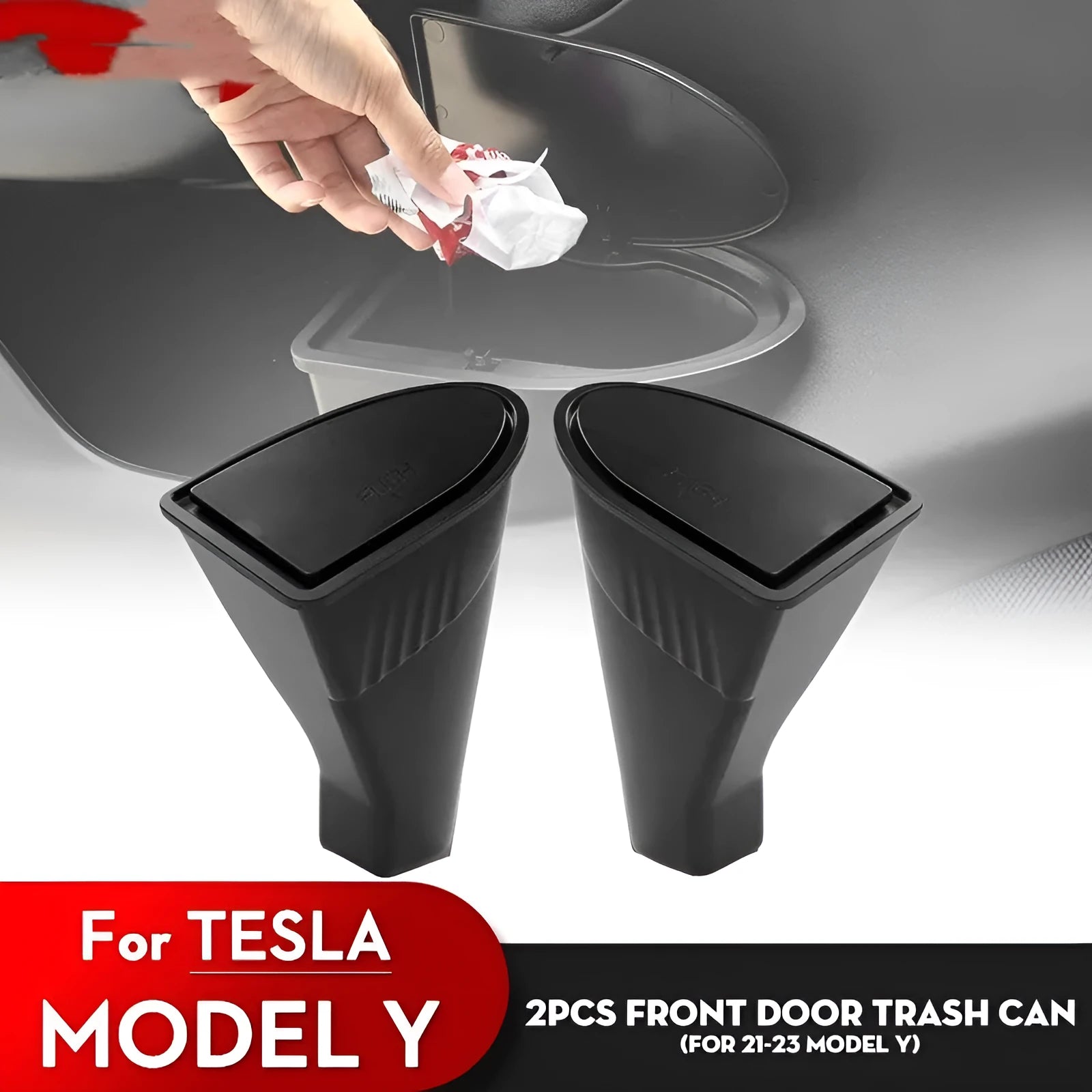 Two black ABS plastic car door storage boxes for Tesla Model Y front door pockets