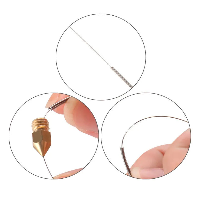 Ten metal cleaning needles for MK8 and E3D 3D printer nozzles in selected diameter size