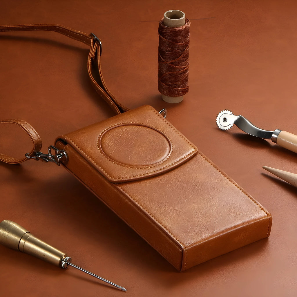 Brown leather storage bag for Apple Vision Pro power supply