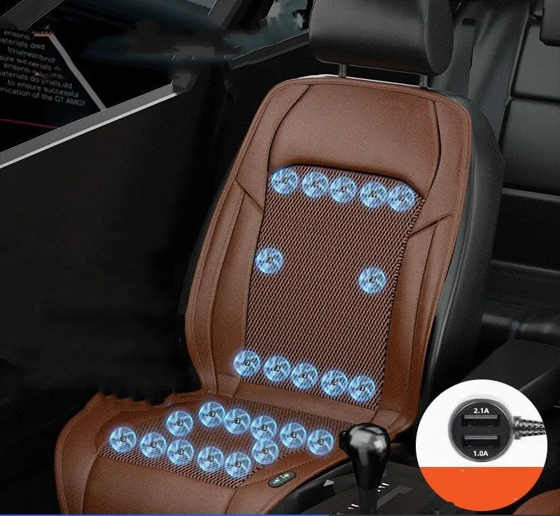 Black ventilated car seat cushion with multiple cooling fans, plugged into a 12V car socket.