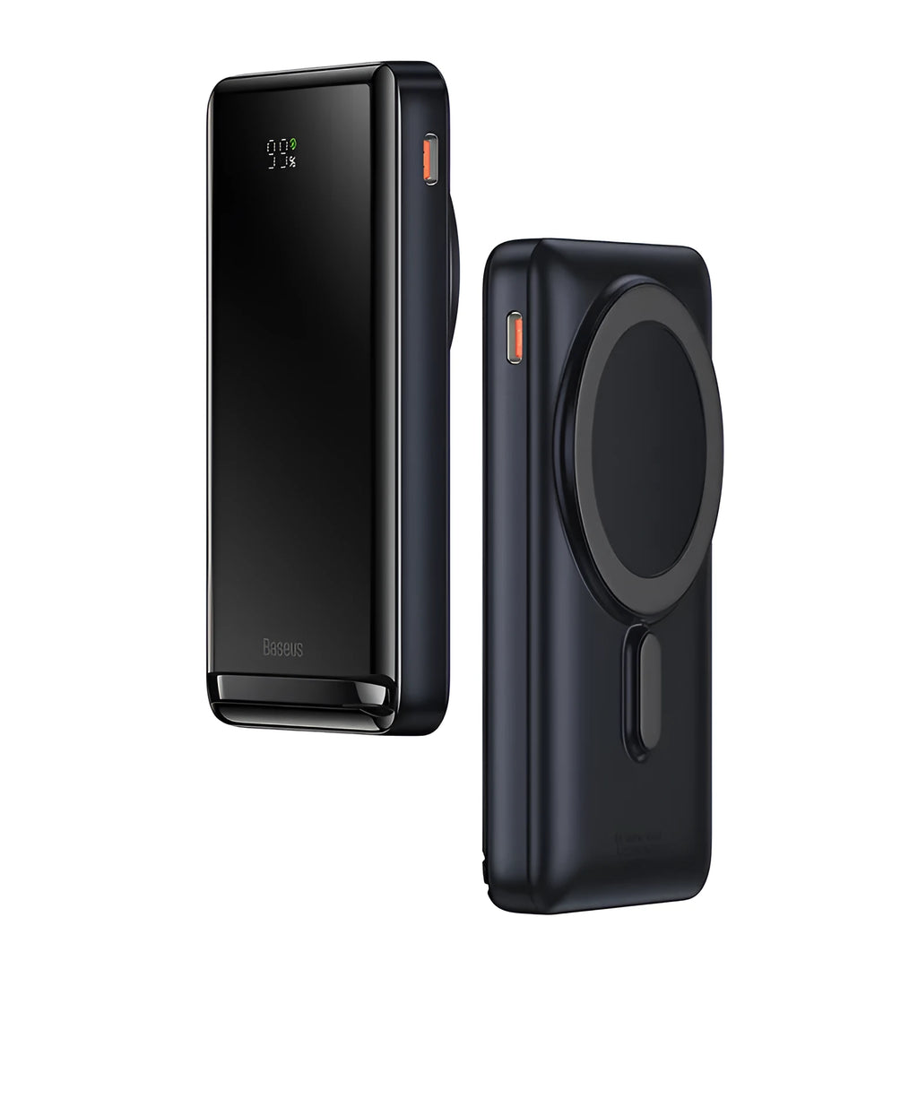 Slim blue magnetic power bank showing wireless charging surface and USB port