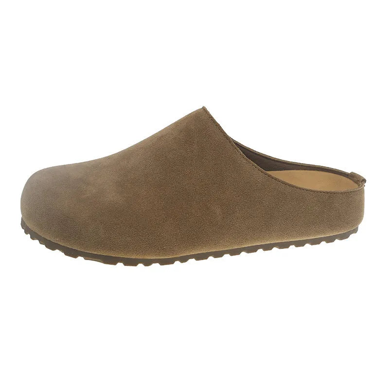 Soft flat slip-on slippers in apricot colour with square toe and microfibre upper.