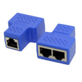 RJ45 network cable splitter adapter in five colour options showing one input and two output ports