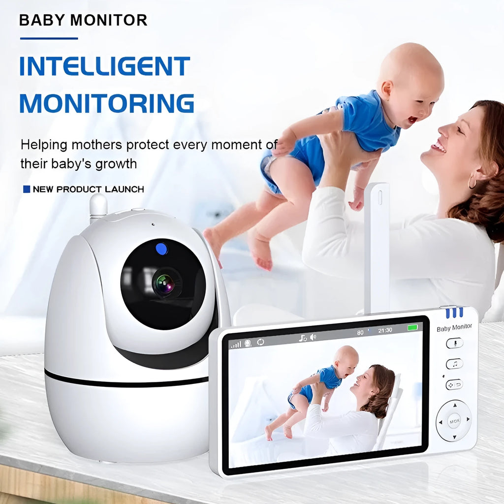 White HD wireless baby monitor with 5-inch screen on a nursery shelf.