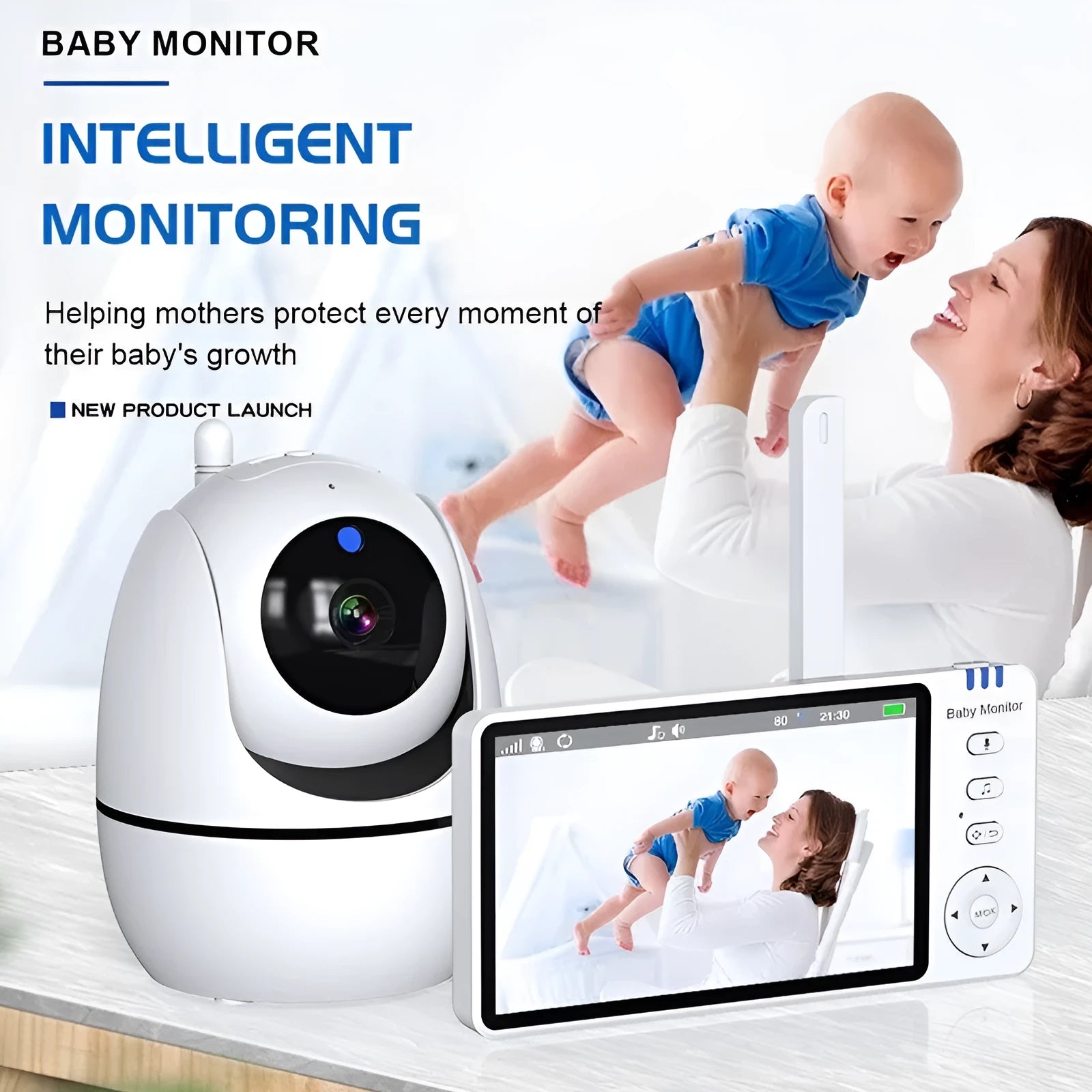 White HD wireless baby monitor with 5-inch screen on a nursery shelf.
