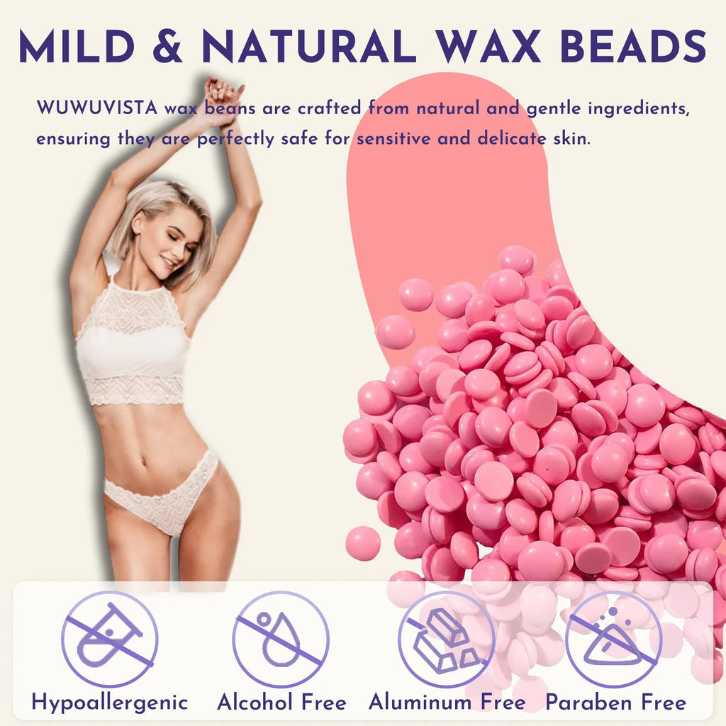 Portable waxing kit with black wax warmer, four coloured wax beans, facial and body sticks, and aftercare products