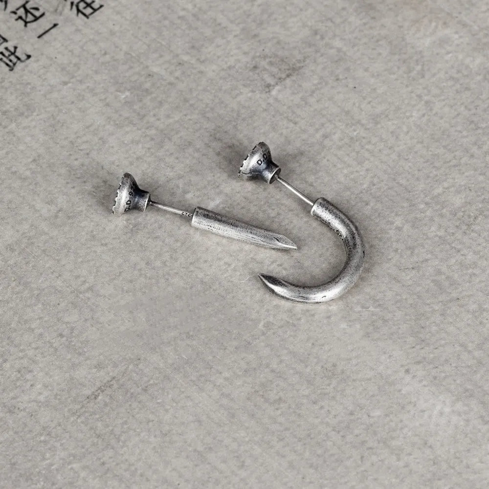 Sterling silver punk nail earrings with ear hook design showing straight and curved options