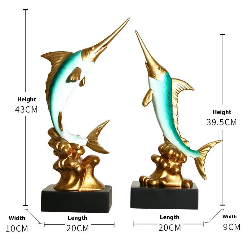 European stylised swordfish resin and plastic decorative ornament on a shelf.