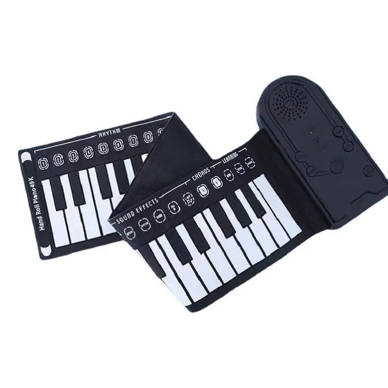 Portable 49-key folding electronic keyboard in pearl white, shown both unfolded for playing and folded for storage.