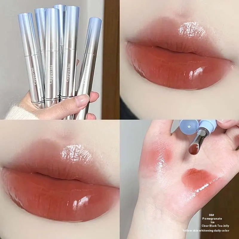 Mirror water light lip gloss lipstick showing six translucent shades in compact case.