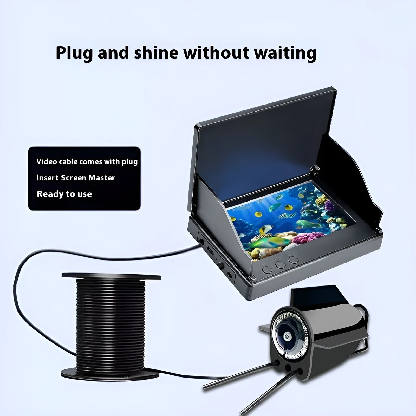 HD underwater fish finder camera with 4.3-inch screen, wide-angle lens, and night vision lights on a box.