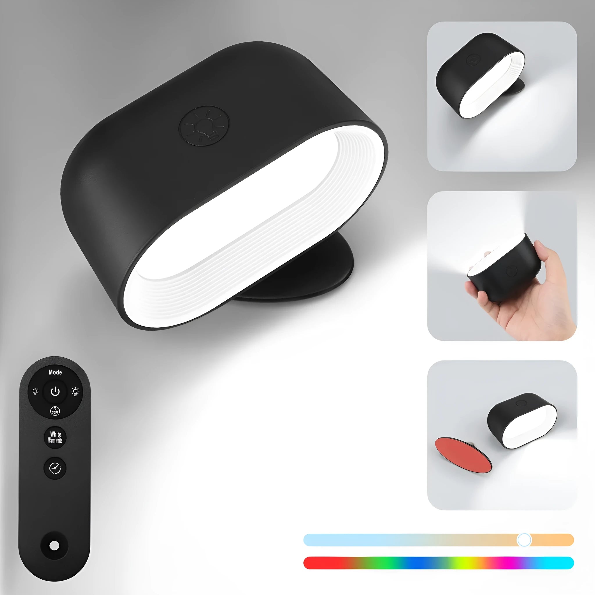 White modern remote control magnetic wall lamp with touch panel, shown with remote, mounted on a wall.
