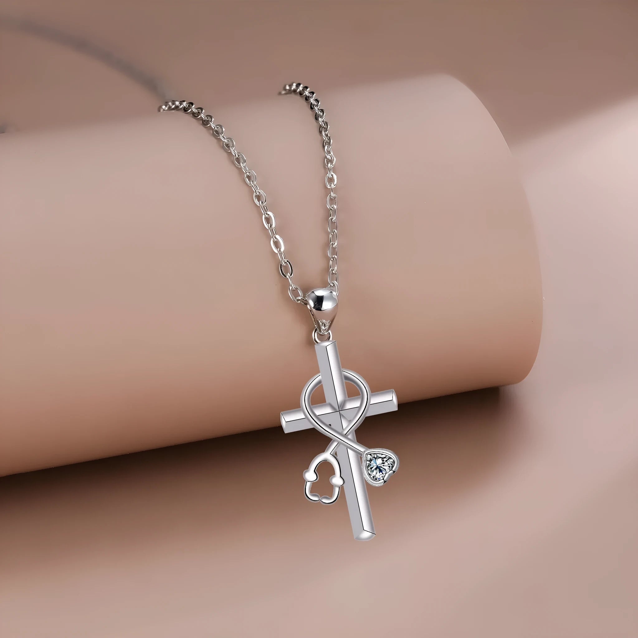 Copper stethoscope necklace with cross chain design for medical professionals