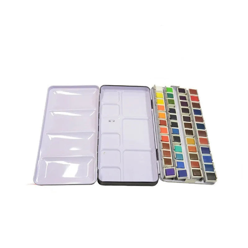 Square tinplate metal empty watercolour paint box with three-fold compartments for 12, 24 or 48 pigment pans.