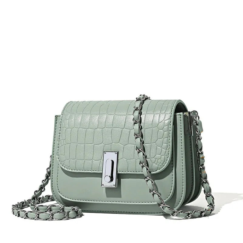 Women's soft black PU square shoulder bag with chain strap and external pocket