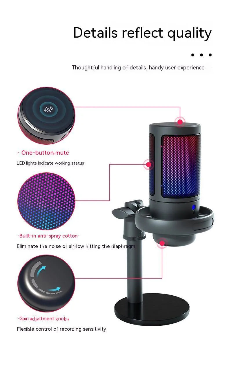 Condenser microphone with RGB lighting in black, white, or pink colours for USB computer recording.