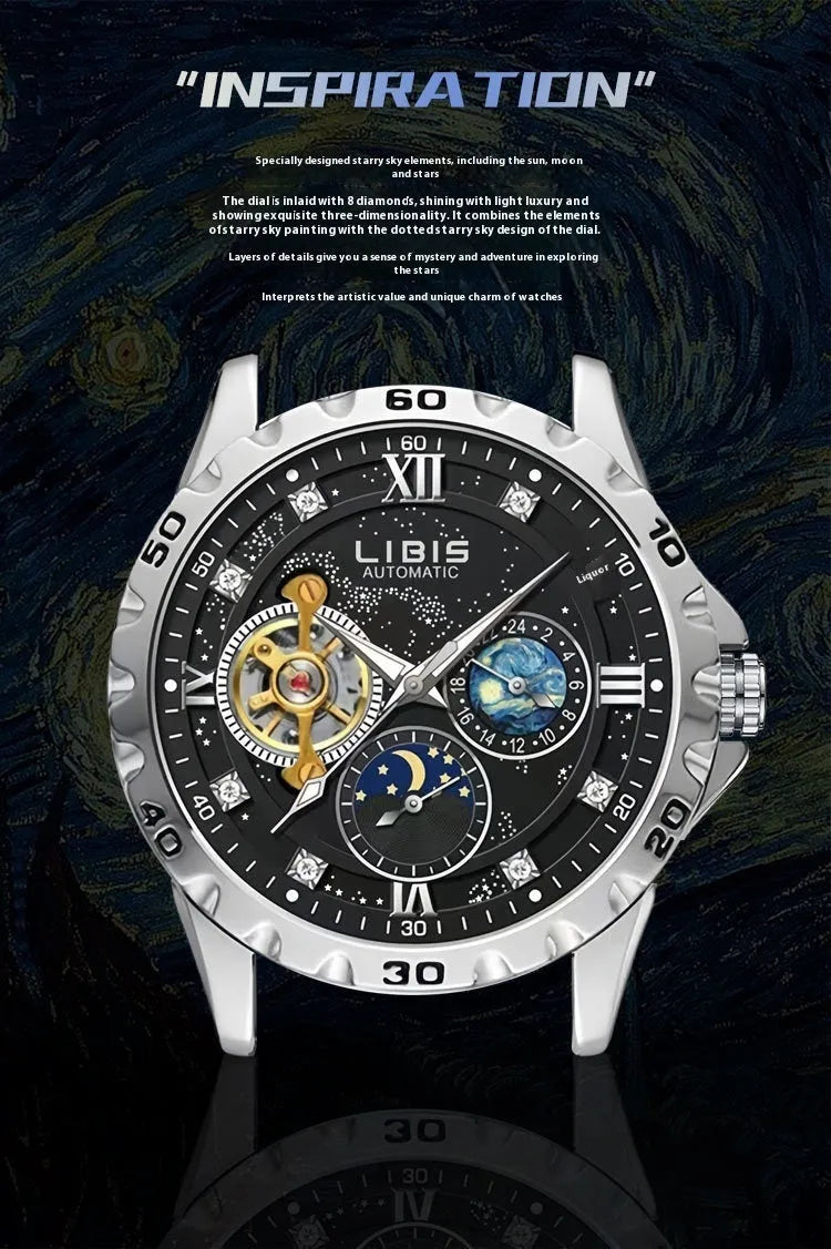 Men's silver case automatic mechanical watch with black starry dial and steel belt strap