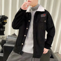 Men's loose fit corduroy workwear jacket in khaki colour with patch pockets.