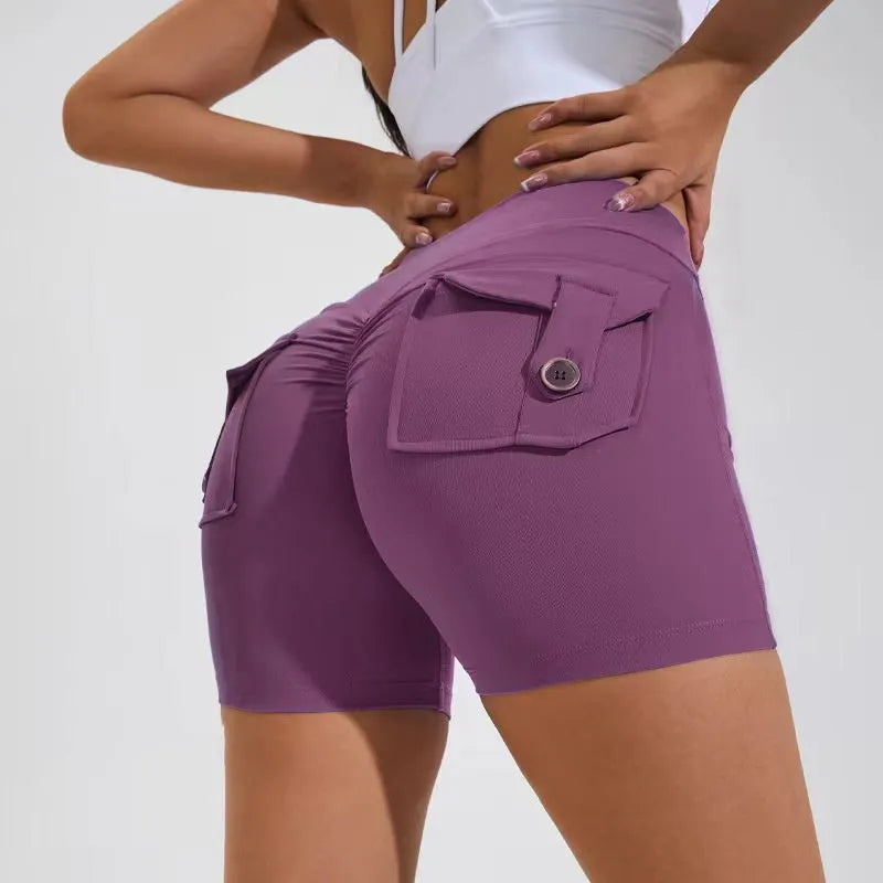 Women's high waist quick-dry nylon sports shorts with pockets in avocado green colour
