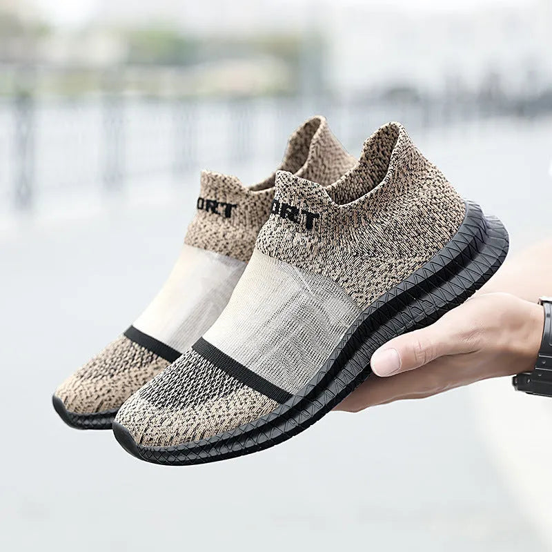 Casual flyknit sock shoes with lace design in khaki colour, showing low-top silhouette and round toe.