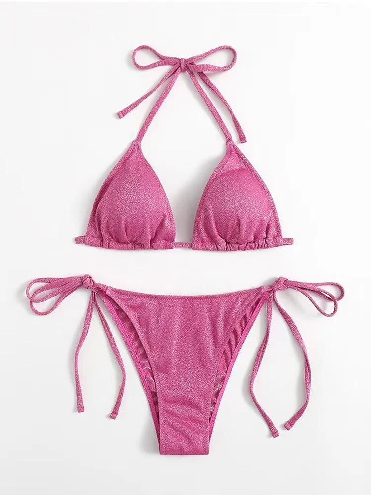 Women's bandage-style bikini swimsuit set in polyester fabric with separate top and pants