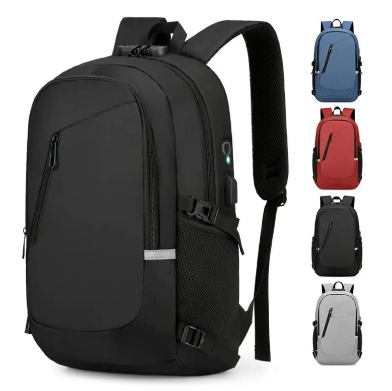 Grey Oxford cloth computer backpack with street trend style, shown with laptop compartment and front pocket.