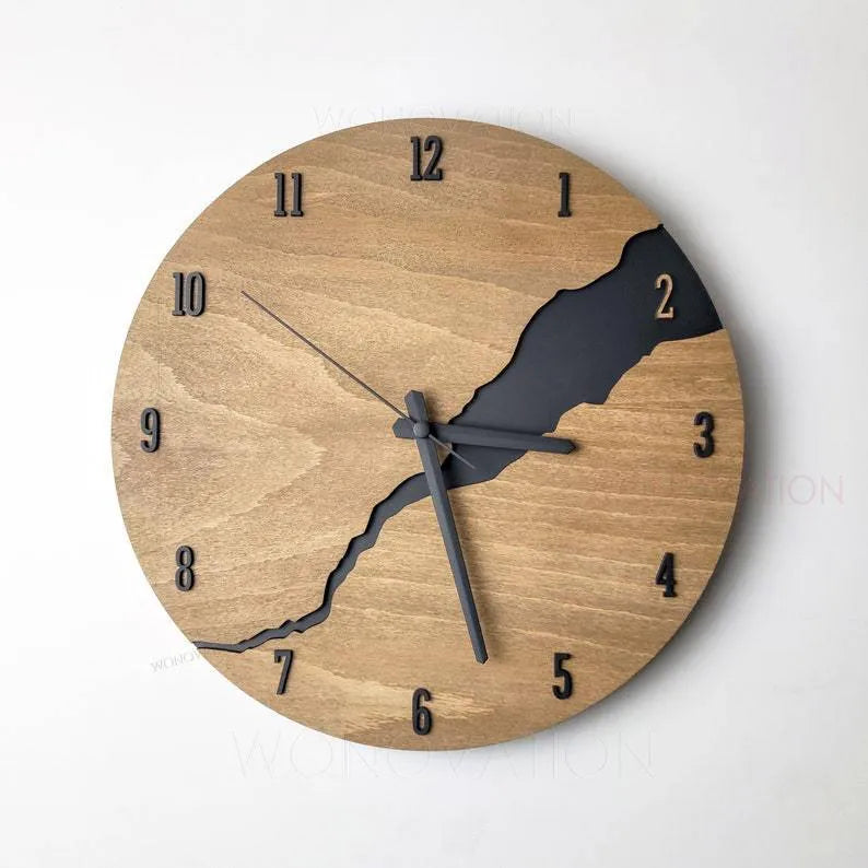 Modern wooden wall clock with cracked texture and silent movement in brown and grey colour options