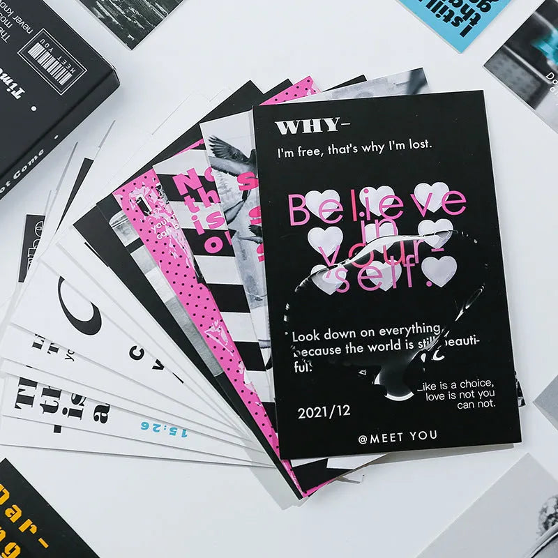 Box containing two fresh style printed postcard designs: Time Not Arrived and Warm Wind Not Exhausted.