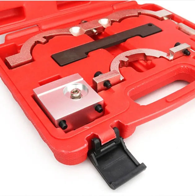 Red chrome-vanadium steel Opel 1.4 LUJ engine timing tool kit with seven pieces.