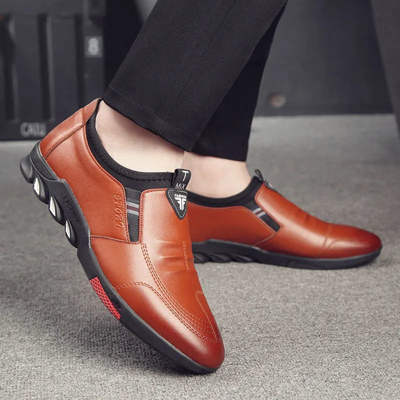 Men's black and brown business shoes with flat heels in lace-up and slip-on styles