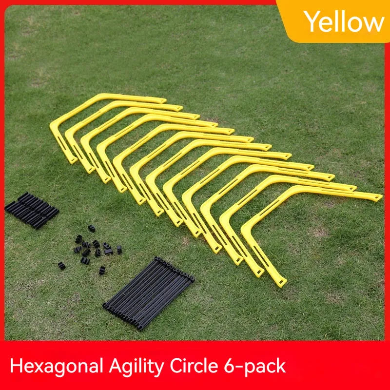 Six foldable hexagon football agility training rings in yellow, green and orange colours