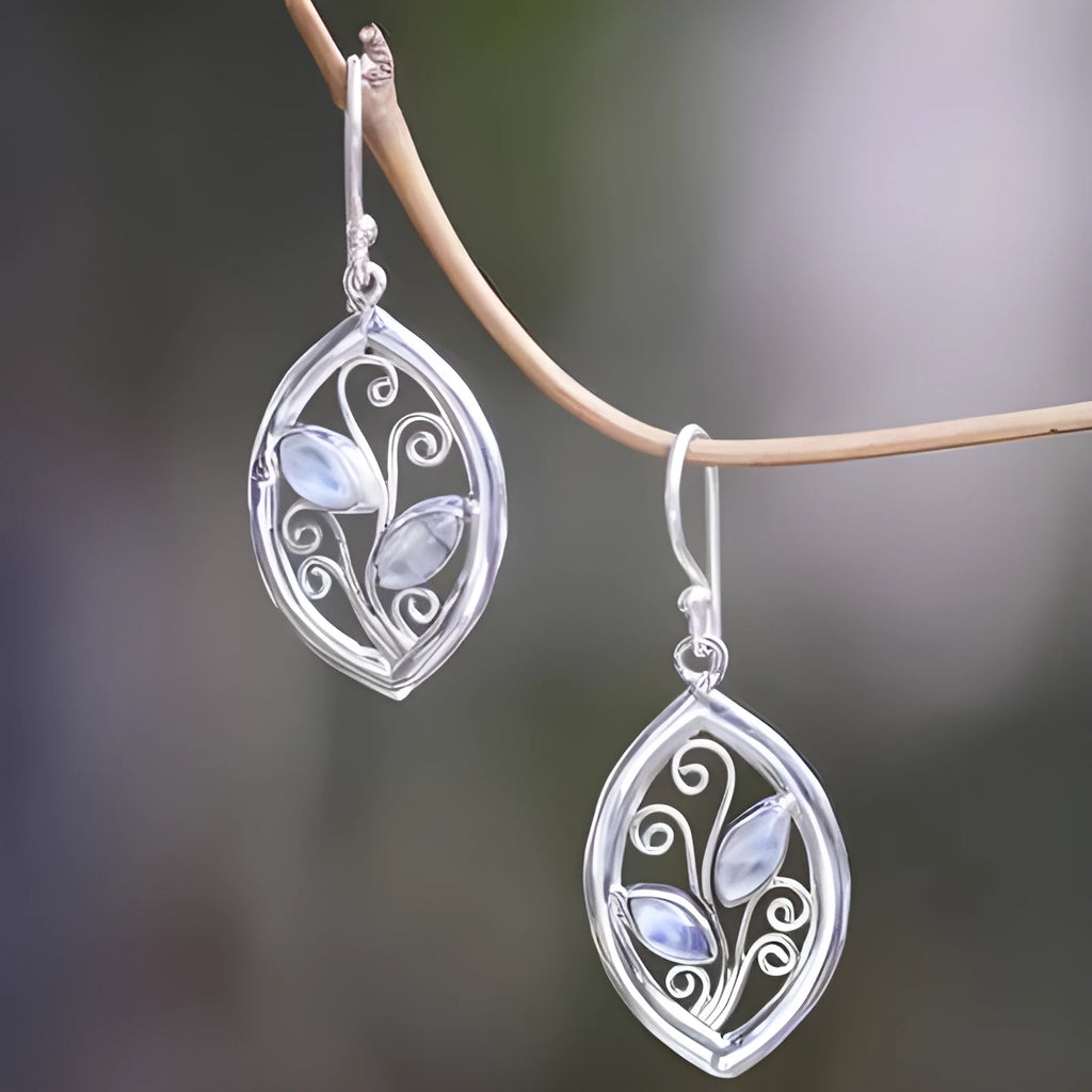 Silver leaf design earrings with colourful moonstone accents for women