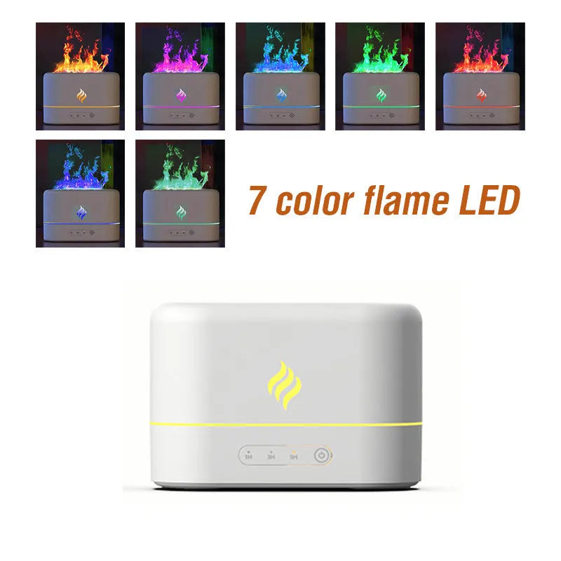USB-powered aroma humidifier with seven-colour simulated flame effect showing black plastic finish
