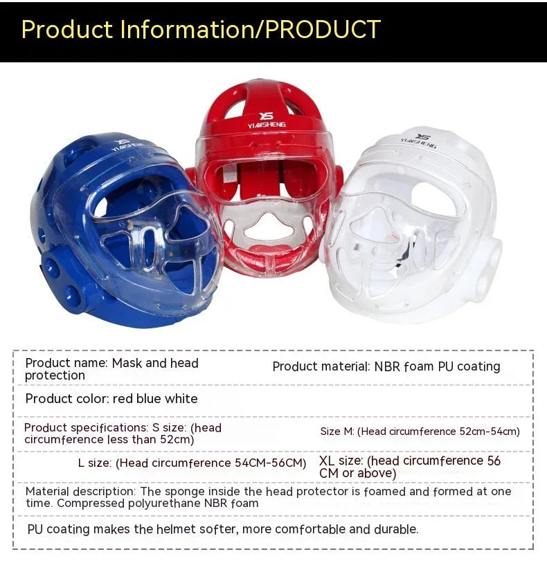 Karate boxing head protection helmet shown in white, blue, and red colour options.