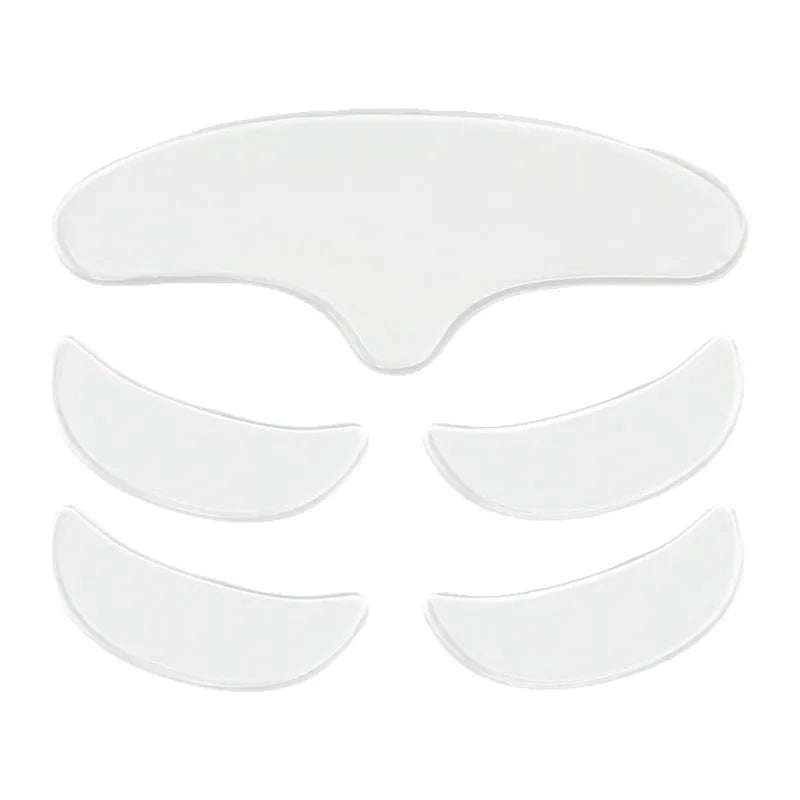 Five reusable silicone anti-wrinkle face stickers laid flat, total weight 26.8g.