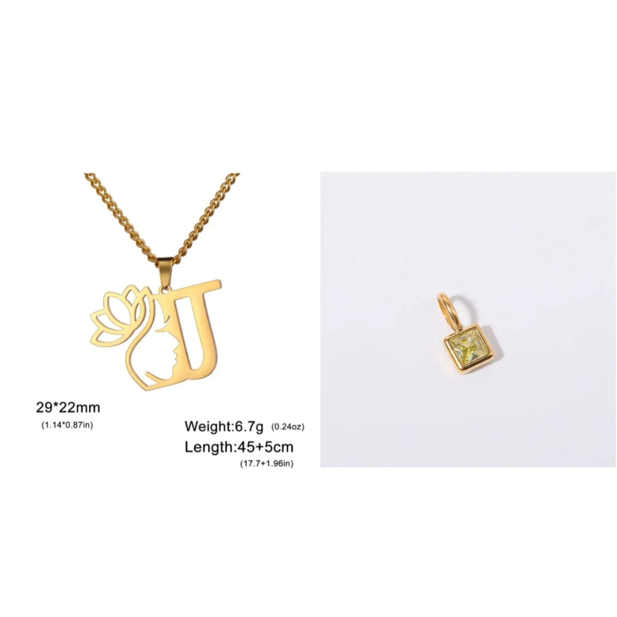 Stainless steel necklace with cross chain design and initial pendant in gold or silver finish