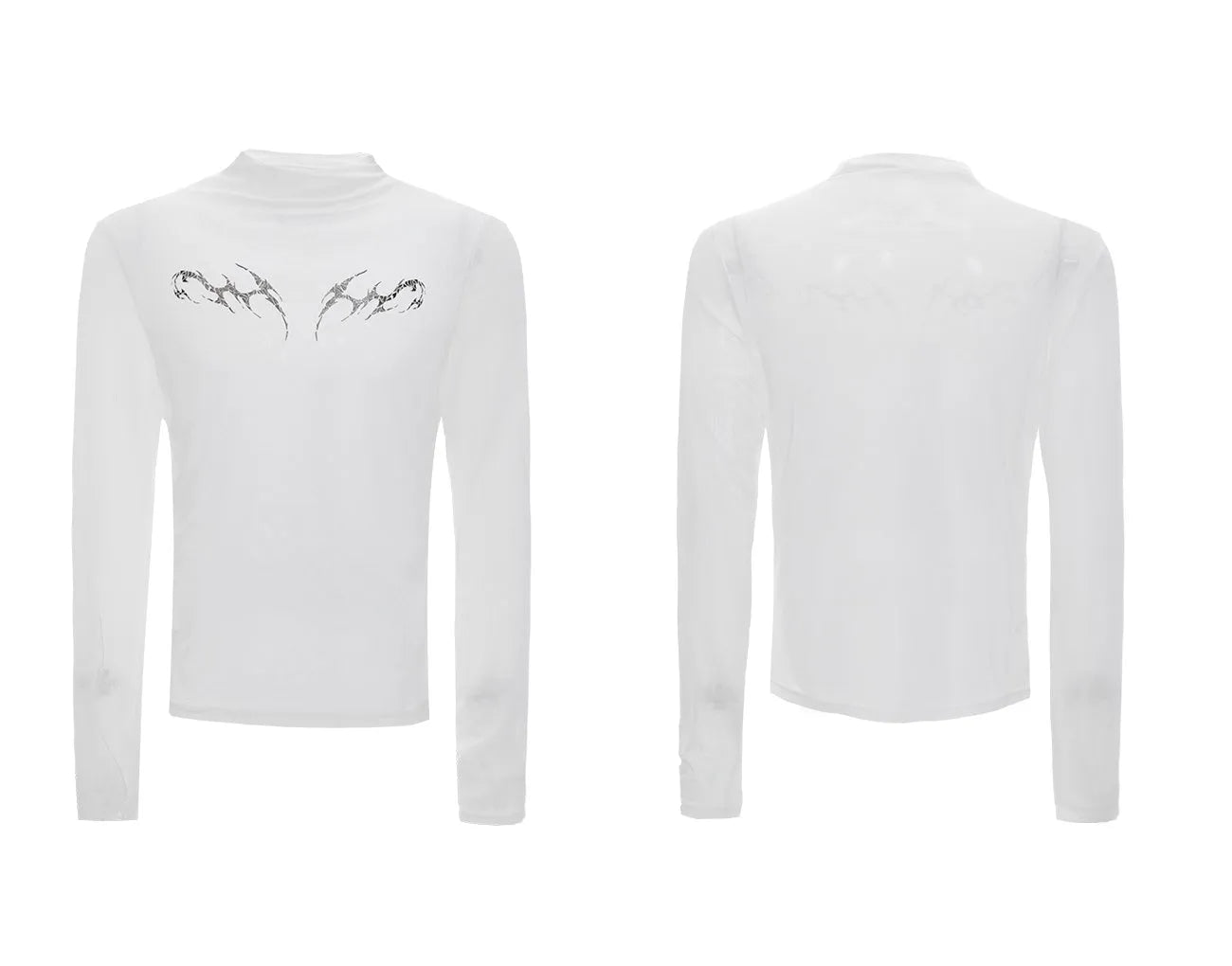 Man wearing a black slim fit long sleeve mesh base layer shirt.