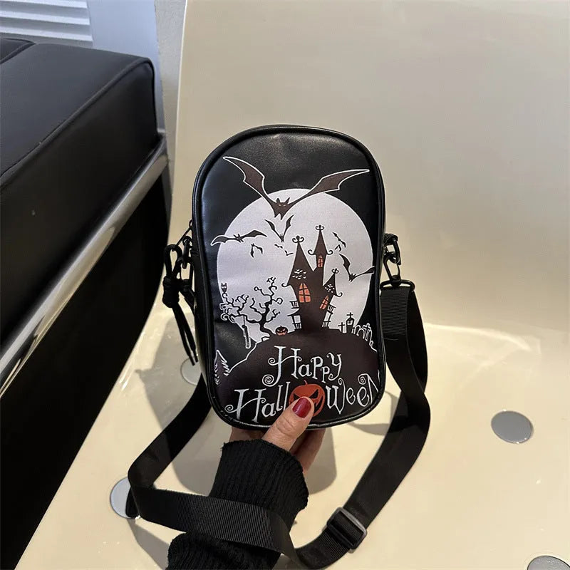 Halloween graffiti crossbody phone bag with pumpkin ghost bat print