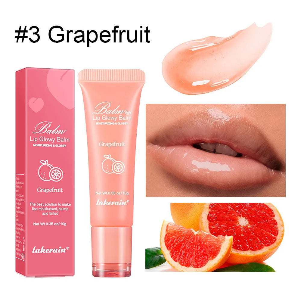 Women's lip gloss in four fruit flavour shades: Berry, Grape, Grapefruit, and Yellow Peach