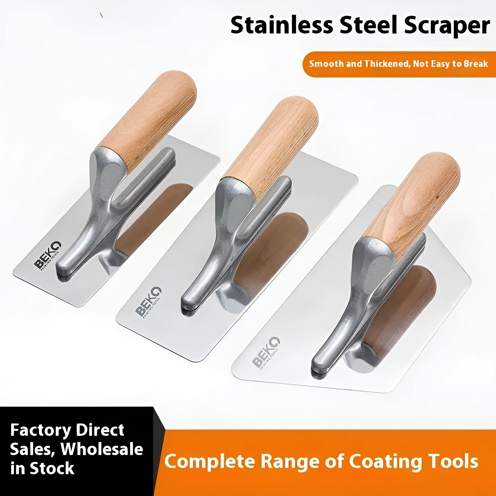 Stainless steel wall scraper with wooden handle for putty removal, showing three blade size options