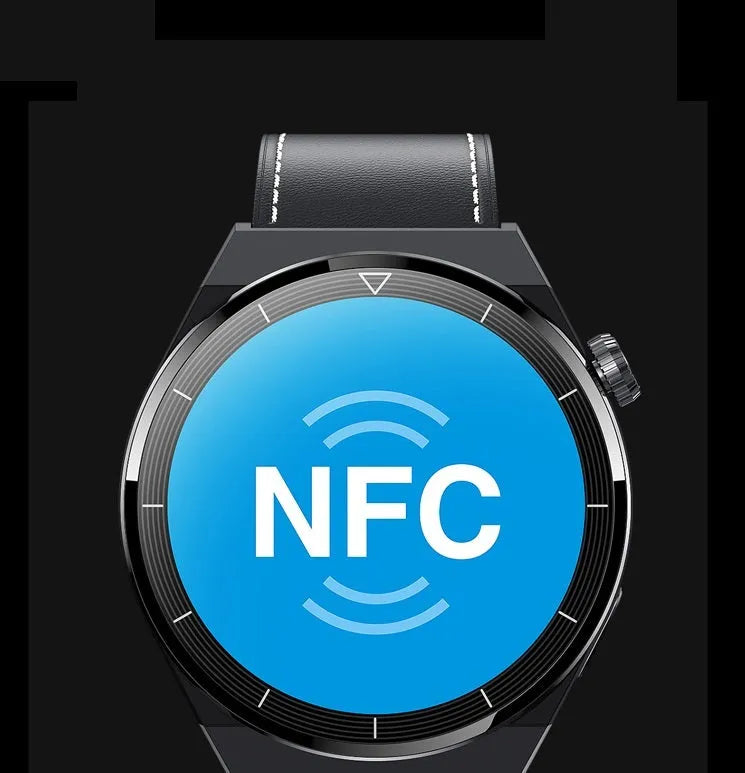 Black or silver Android smart watch with round display showing Bluetooth calling and NFC access control interface