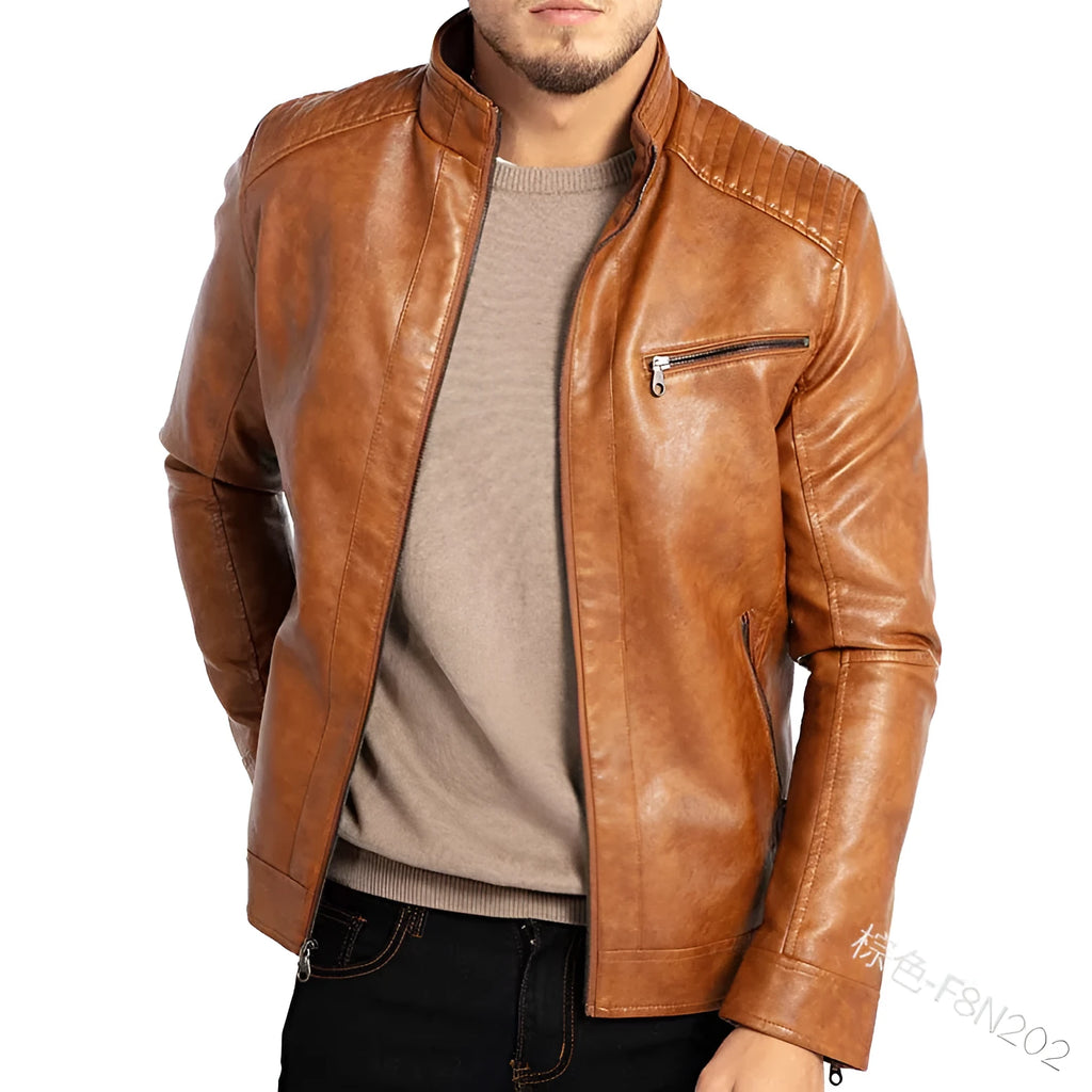 Men's punk-style artificial leather motorcycle jacket with stand collar in multiple colour options