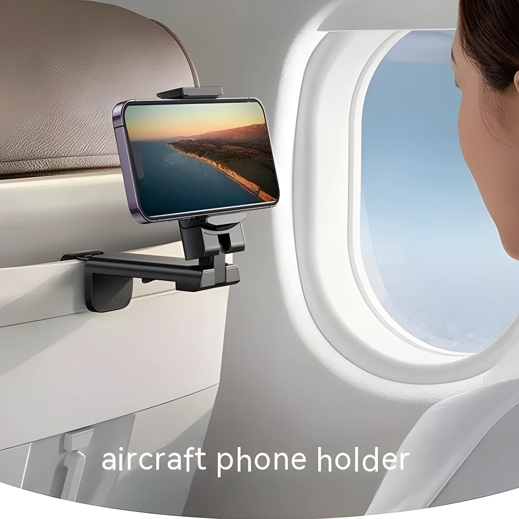 Foldable rotating universal phone holder in black, shown in an open position holding a mobile phone.