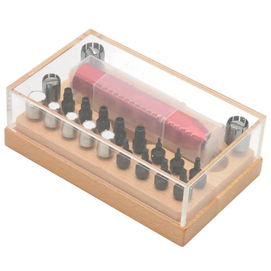 20-piece steel watch repair tool kit with extracting and opening tubes on a work surface.